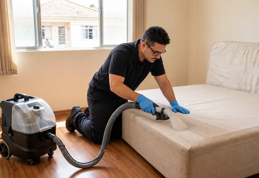 Técnico da Lava Tudo VIP higienizando um box de cama